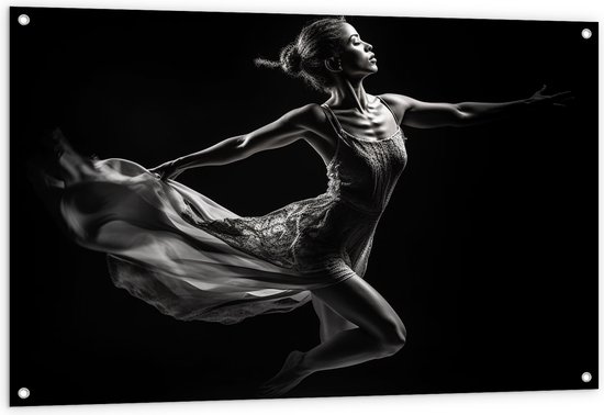 Tuinposter – Ballerina Meisje aan het Dansen (Zwart-wit) - 120x80 cm Foto op Tuinposter (wanddecoratie voor buiten en binnen)
