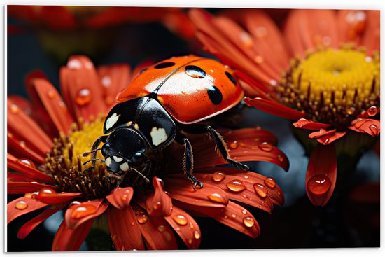 PVC Schuimplaat- Bloemen - Druppels - Rood - Lieveheersbeestje - 60x40 cm Foto op PVC Schuimplaat