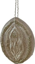 Crazy kerstboomhanger in de vorm van een flamoes/vagina. Deze kan je in de kerstboom hangen als decoratie en als kunstobject. Kleur transparant bruin goud glitter