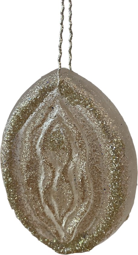 Foto: Crazy kerstboomhanger in de vorm van een flamoes vagina deze kan je in de kerstboom hangen als decoratie en als kunstobject kleur transparant bruin goud glitter