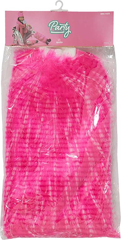 Verpakte fuchsia roze pluizige beenwarmers met witte accenten.