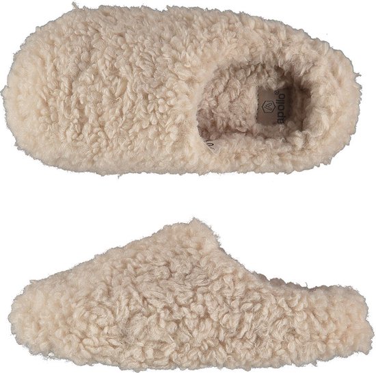 Beige teddy pantoffel van Apollo met een open hiel.