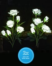 DoubleMM Solar LED Tuinverlichting - Sfeerverlichting Witte rozen Met LED - Tuinverlichting - Buitenverlichting op Zonne Energie - Prikspots Buiten - Bestand Tegen Alle Weertype - 6 Rozenbloemen Per Prikspot - Zeer Natuurgetrouw - 2 Stuks