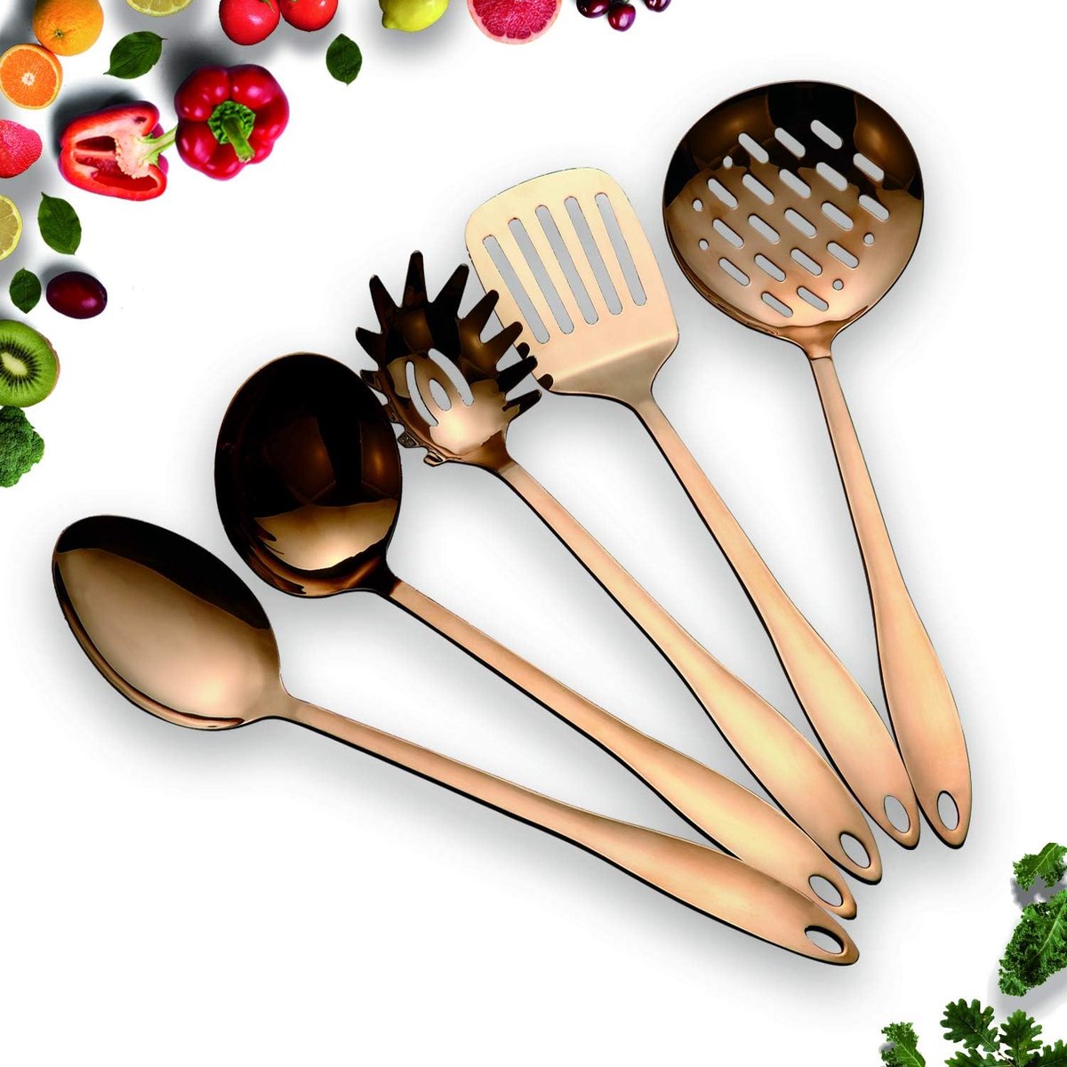 Set De 6 Ustensiles Cuisine Inox - Louche, écumoire, Spatules… Manches Suspendus - Compatible Antiadhésif