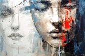 JJ-Art (Canvas) 90x60 | 2 Vrouwen abstract, deels zwart wit, kunst | gezicht, bruin, wit, blauw, rood, modern | Foto-Schilderij canvas print (wanddecoratie)