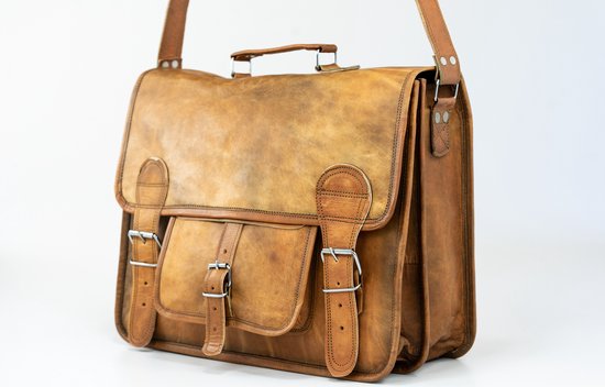 Stijlvolle Satchel tas 16 inch “Granada” – Cognac Bruin Echt Leer - Vintage Look Boekentas 42 x 29 x 11 cm Messenger Working Bag Schoudertas (MODEL115)