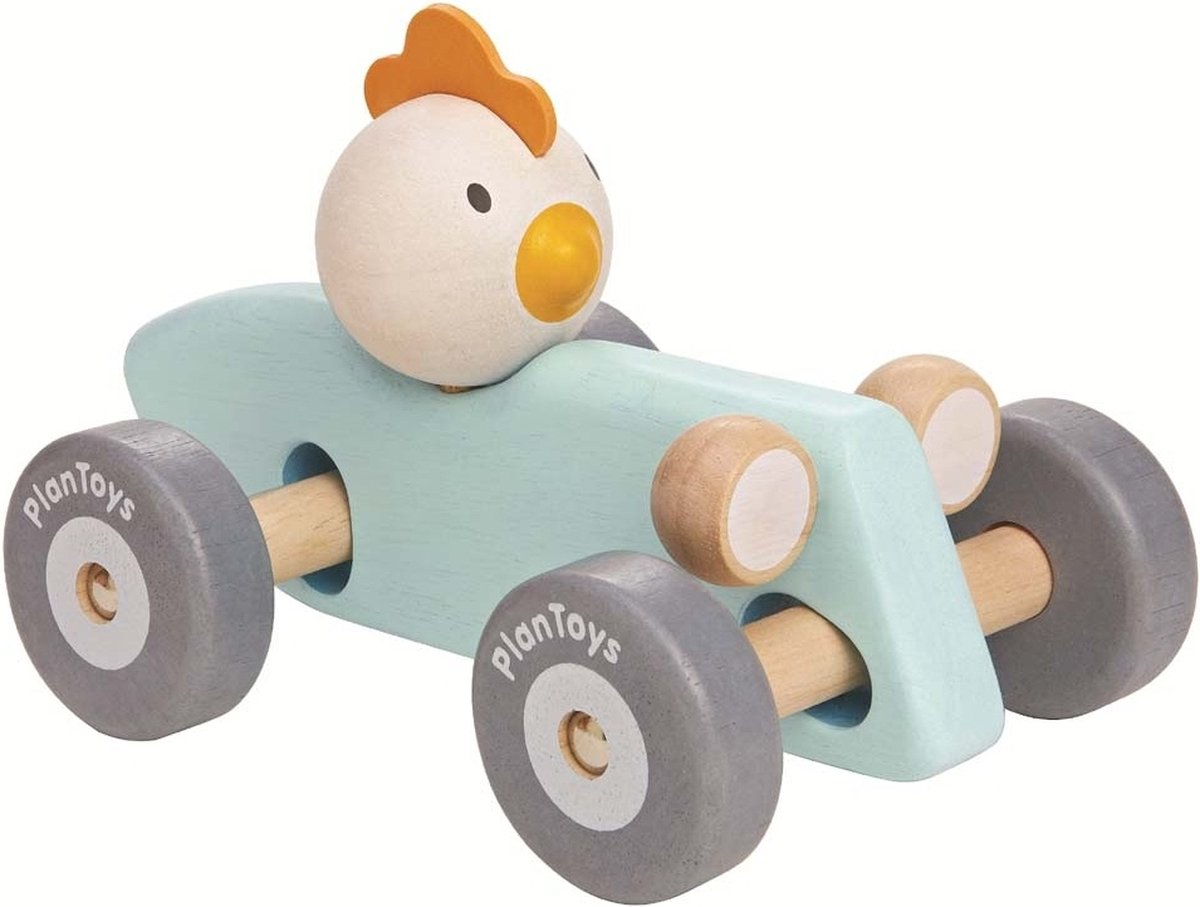 Plan Toys houten raceauto kip pastel