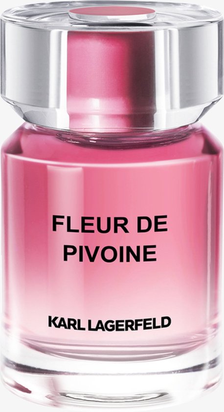 Karl Lagerfeld Fleur de Pivoine eau de parfum flesje met een glazen body en zilverkleurige dop. De vloeistof is roze.
