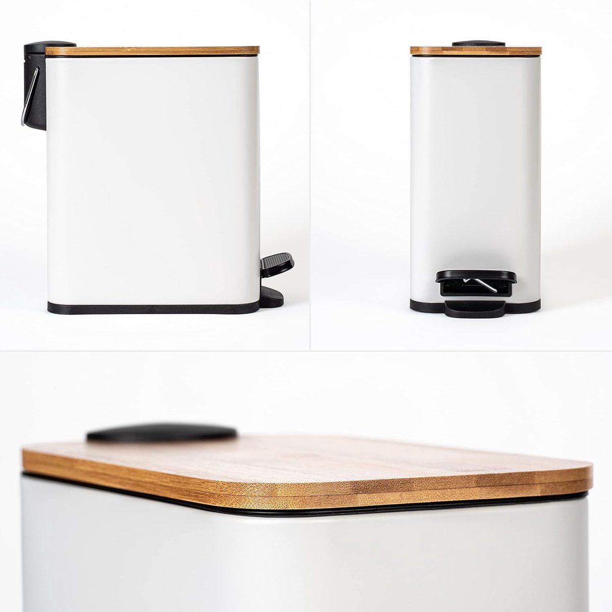 5 Liter Design Badkamer Prullenbak | Bamboe Houten Deksel | Softclose | Antislip | met anti-Vingerafdrukcoating en Comfortpedaal | Wit