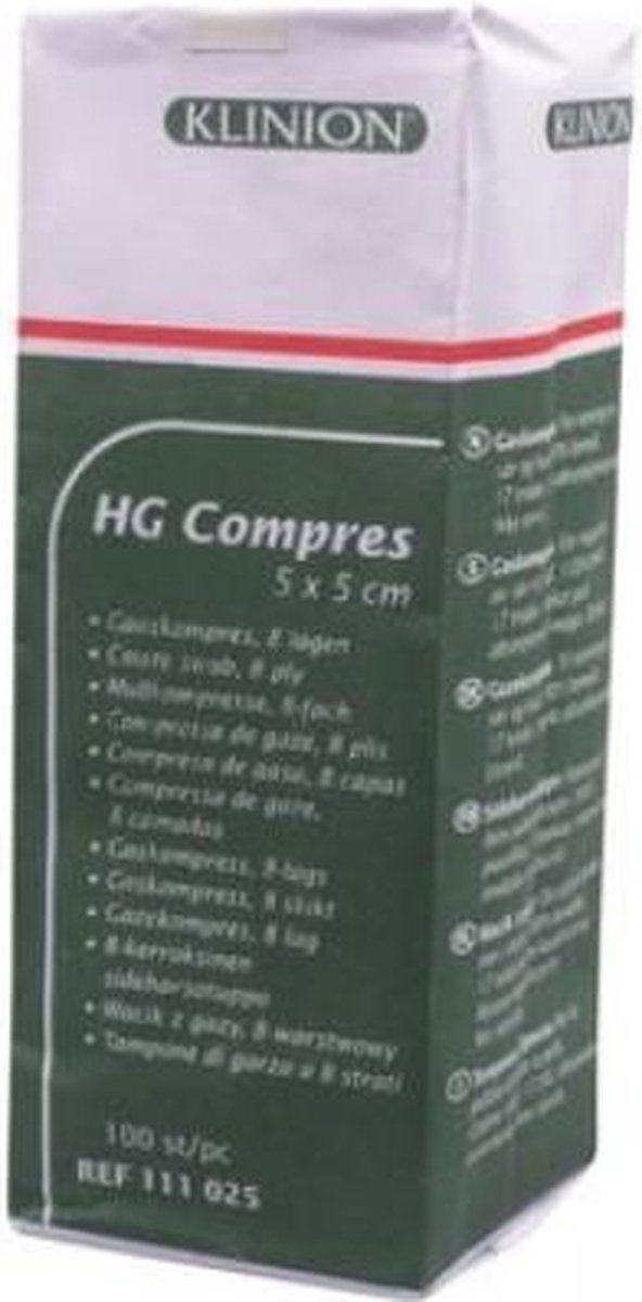 Klinion gaaskompres HG 8-laags 5x5cm (100 stuks) Klinion