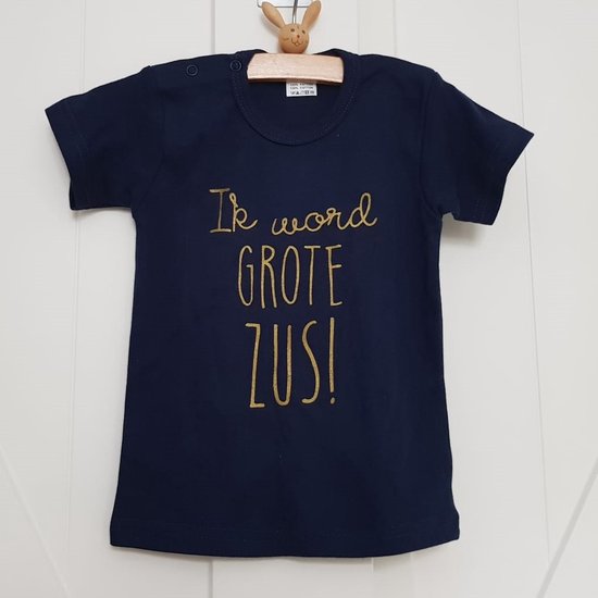 Shirt Ik word grote zus | korte mouw T-Shirt | blauw met goud | maat 74 |big sis sister zwangerschap aankondiging bekendmaking big sis sister