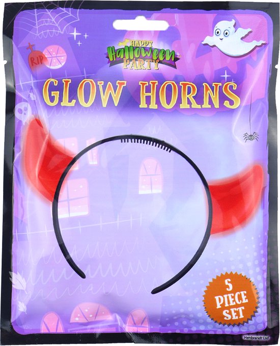 Verpakking met "Happy Halloween Party Glow Horns" en rode duivelshoorns op diadeem.