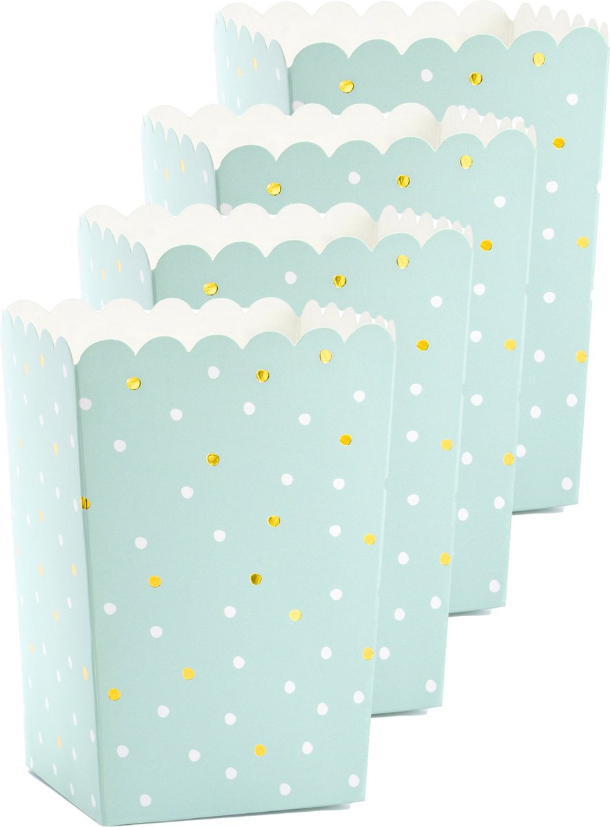 Partydeco Popcorn/snoep bakjes - 12x - blauw/goud stippen - karton - 7 x 7 x 12 cm