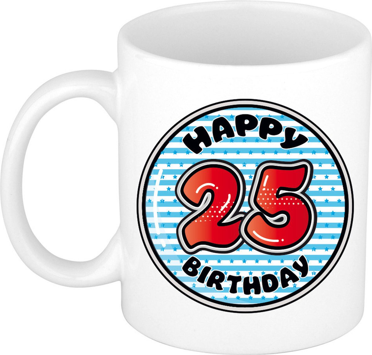 Bellatio Decorations Verjaardag cadeau mok - 25 jaar - blauw - gestreept - 300 ml - keramiek