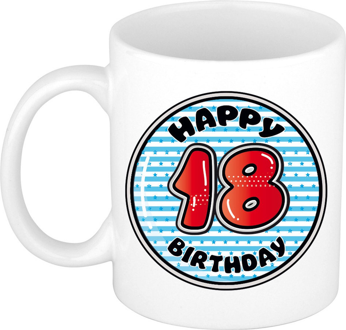 Bellatio Decorations Verjaardag cadeau mok - 18 jaar - blauw - gestreept - 300 ml - keramiek