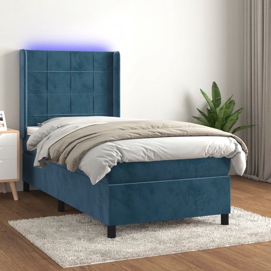 The Living Store Boxspring - fluweel - donkerblauw - 203x103x118/128 cm - verstelbaar hoofdbord - LED-verlichting - pocketvering matras - huidvriendelijk topmatras - USB-aansluiting