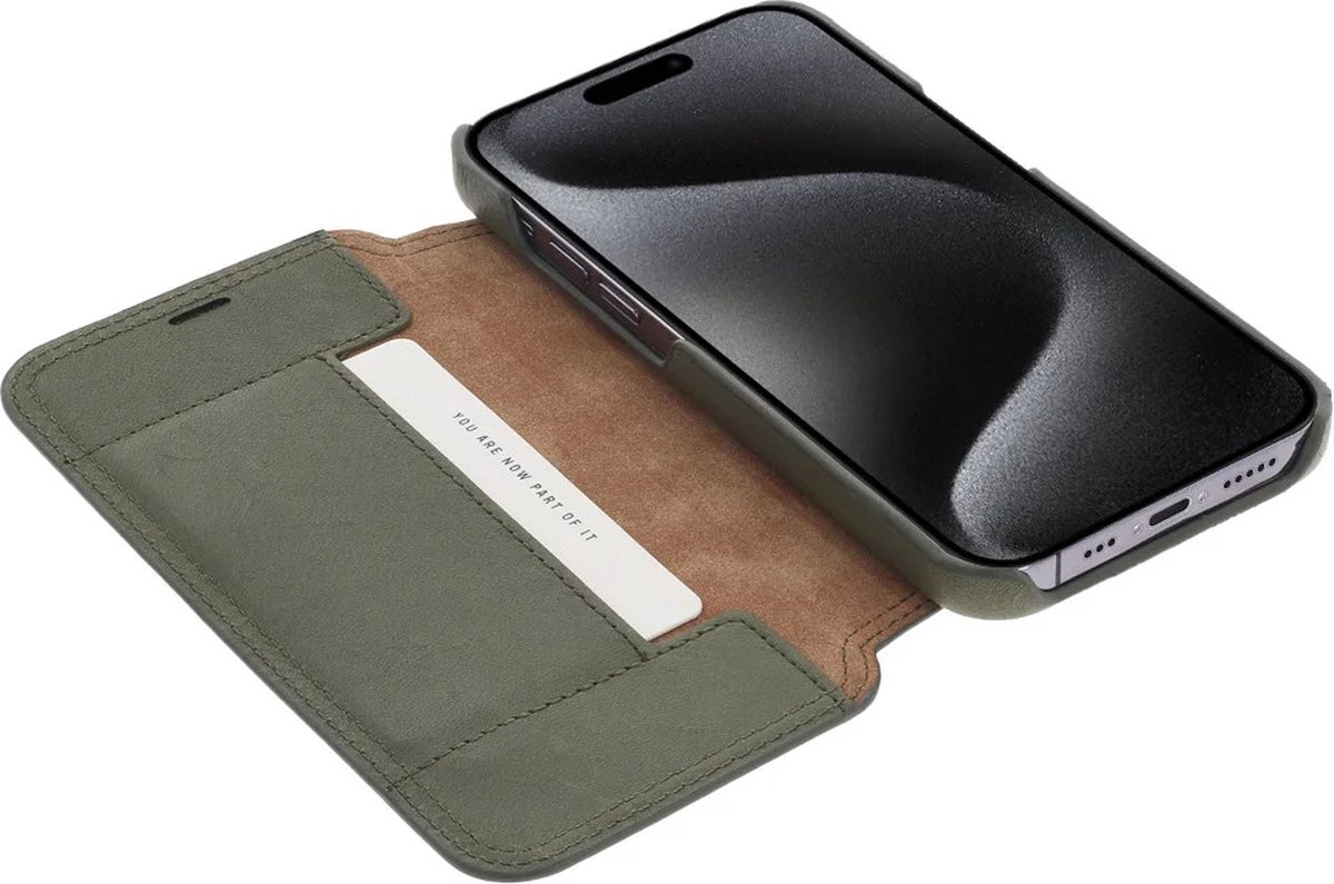 Minim Apple iPhone 15 Plus Hoesje Wallet Book Case Echt Leer Groen