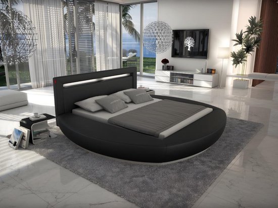 Lit 160 x 200cm avec sommier et matelas en simili noir avec LEDs - ABULIS II