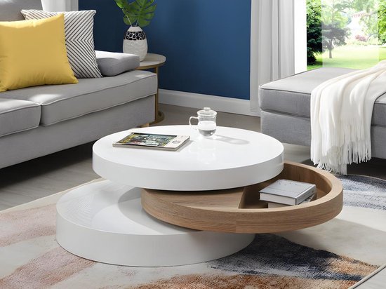 Table basse avec plateau tournant JANITA - MDF - Chêne et blanc L 80 cm x H 32,5 cm x P 80 cm