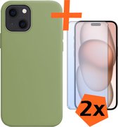 Hoesje Geschikt voor iPhone 15 Hoesje Siliconen Cover Case Met 2x Screenprotector - Hoes Geschikt voor iPhone 15 Hoes Back Case - Groen