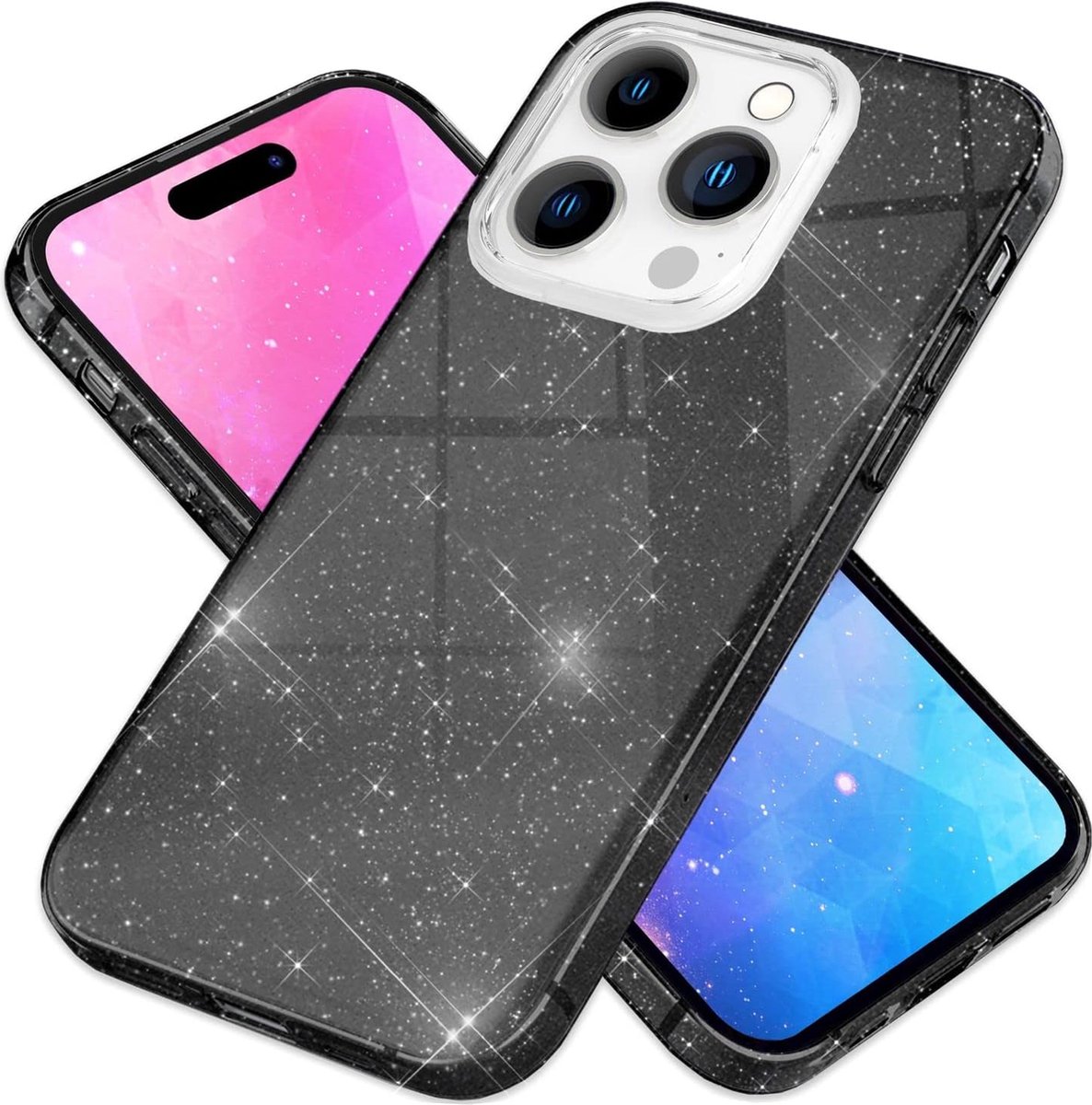 Casemania Hoesje Geschikt voor Apple iPhone 15 Pro Max - Zwart - Glitter Back Cover