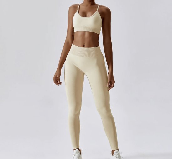 SUMMER GYM SET - 2delig - Maat M - Creme - Fitness set - Fitness legging & top - Sportkledingset - Sportset - Sportlegging & top - Gymlegging - Yogaset - Yogalegging