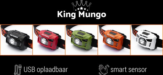 Vijf King Mungo hoofdlampen in zwart, rood, groen, oranje en wit. Met 'USB oplaadbaar' en 'smart sensor' logo's.