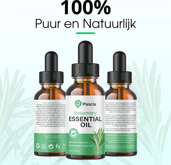 Drie flesjes met rozemarijn essentiële olie op een lichte achtergrond met tekst.