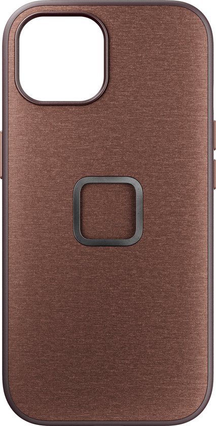 Bruin gebreid telefoonhoesje met een vierkant detail in het midden.