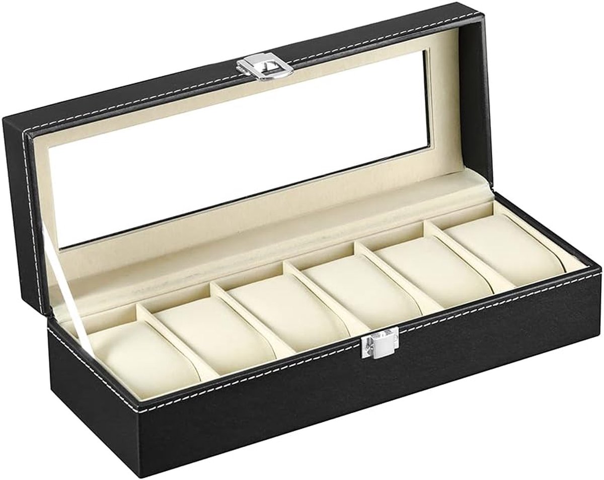 Horlogedoos, horlogedoos, horlogedoos voor heren voor 6 horloges, met glazen venster, horloge-opslag van PU-leer en fluweel, voor horloges en sieraden (zwart-W04B)