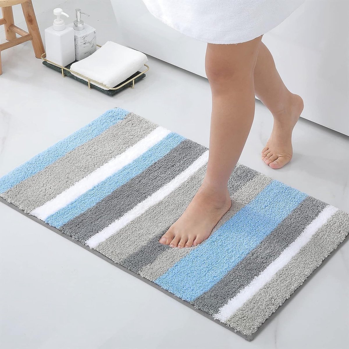 Antislip badkamertapijt, zacht, hoogpolig, microvezel, badmat, absorberend, wasbaar, 40 x 60 cm, blauw/grijs