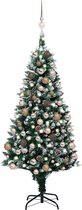 The Living Store Kunstkerstboom - 150 cm - LED-verlichting - Met witte sneeuw - Inclusief dennenappels - USB-aansluiting - Groen/wit - Glanzend roségoud/mat roségoud/glitter roségoud