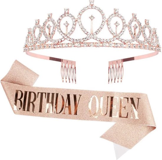 Setje Birthday Queen - Verjaardagskroon en Sjerp - Rosé Goud