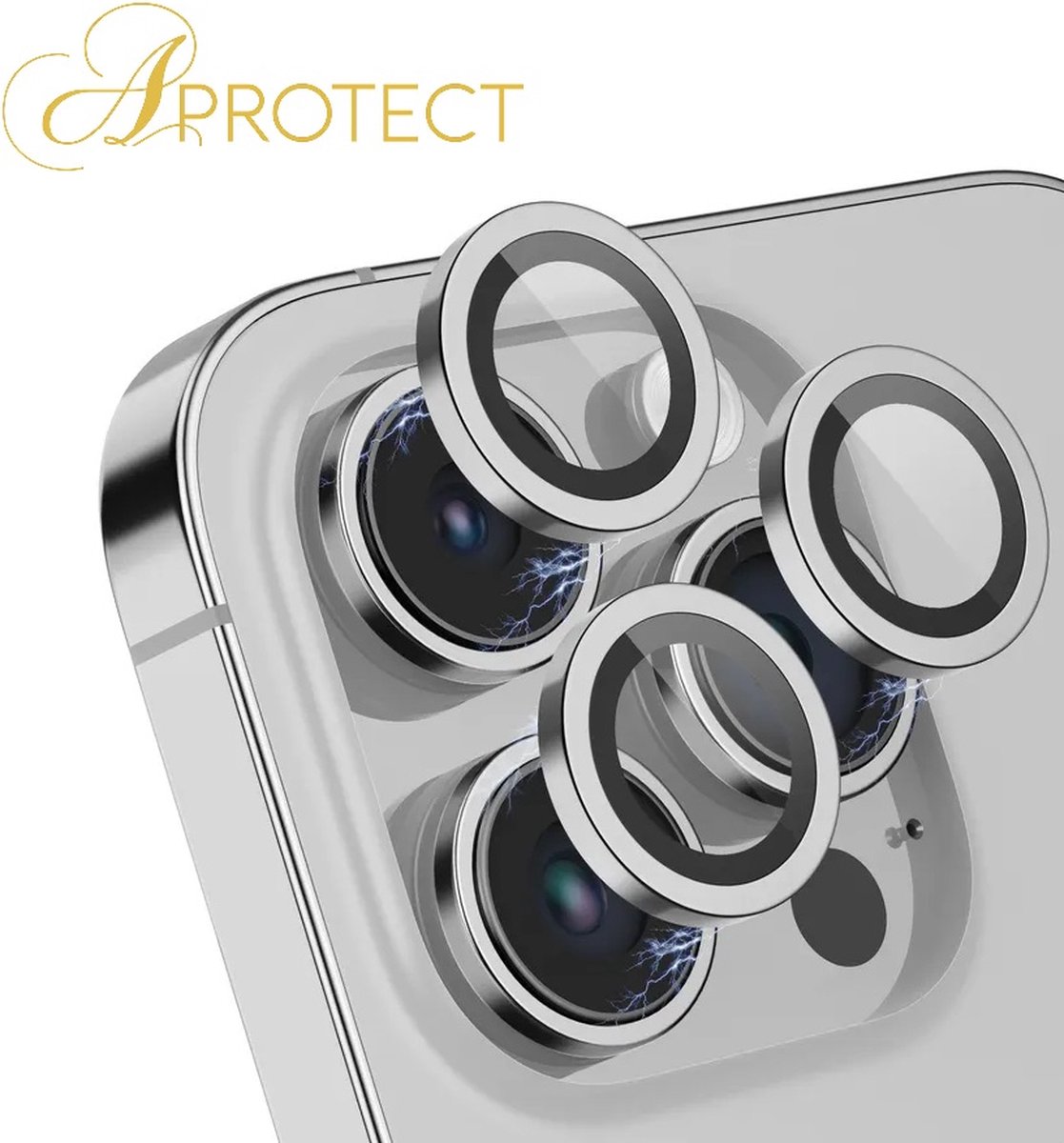 APROTECT® - Camera lens protector geschikt voor iPhone 15 Pro / 15 Pro Max - Set van 3 - Zilver - Tempered glass - Glasplaatje - bescherming