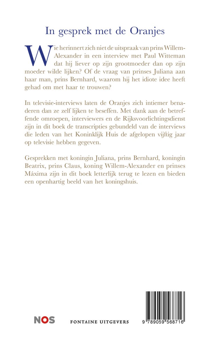 Boek met de titel In gesprek met de Oranjes. Achteraan een barcode.
