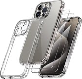 Hoesje Geschikt voor iPhone 15 Pro transparant Anti Shock silicone met glazen Screenprotector 2 pack