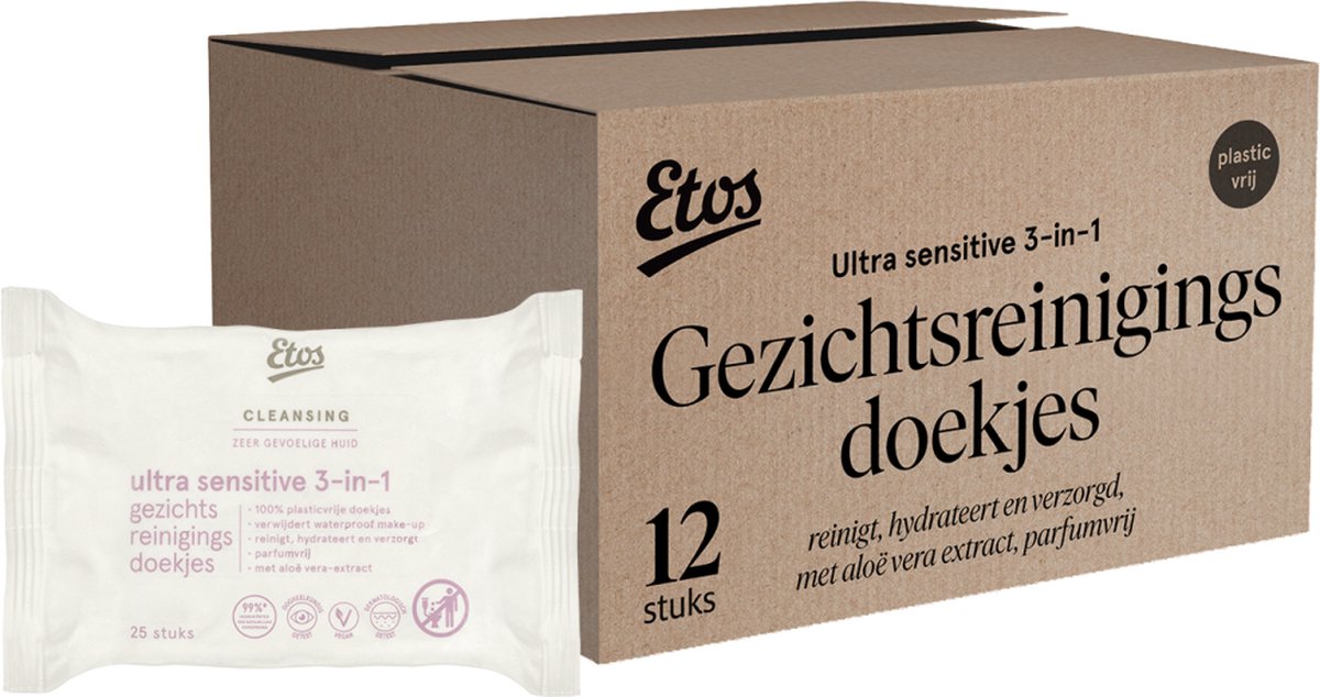 Etos Plasticvrije gezichtsreinigingsdoekjes 3-in-1 - Ultra Sensitive - Parfumvrij - 12x25 stuks