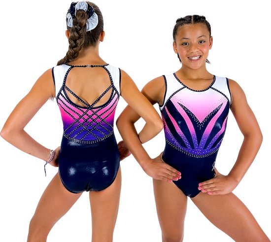 Sparkle&Dream Turnpakje Yuna Navy Roze Paars - Maat ALA XS/S - Gympakje voor Turnen, Acro, Trampoline en Gymnastiek
