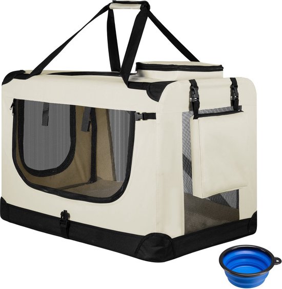 Beige hondentransportbox met zwarte accenten, gaas en handvatten, met een opvouwbaar blauw bakje ernaast.