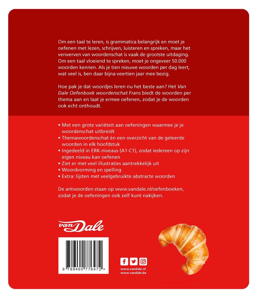 Couverture du livre d'exercices Van Dale "woordenschat Frans", avec texte et illustration d'un croissant.