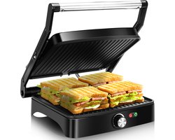 foto van Aigostar Calore 30 HHK - Contactgrill met antiaanbaklaag - 2-in-1-180°C Panini Grill - 1800W - RVS/Zwart