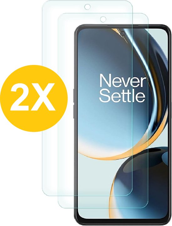 Twee gehard glazen screenprotectors voor een telefoon met 'Never Settle' op het scherm.