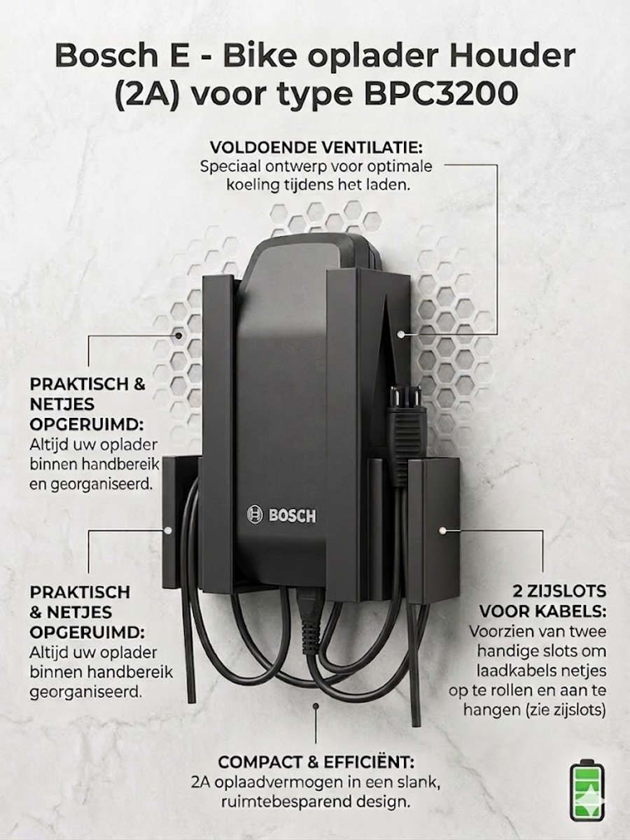 Bosch E-Bike Oplader Houder BPC3200 (2A) – Wandhouder met Stekkeropslag – Snel te Monteren in 5 Minuten – Stevig & Praktisch Design