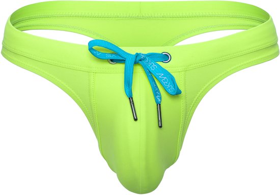 String de bain vert lime avec cordon bleu et œillets argentés. Logo SUKREW sur le cordon.