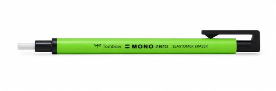 Een groene Tombow Mono Zero elastomeer gum met een ronde punt.