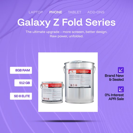 Twee blikken met de opdruk 'Dutch Color Coatings 2K PU Metaalverf' en logo. Achtergrond paars met tekst over 'Galaxy Z Fold Series'.