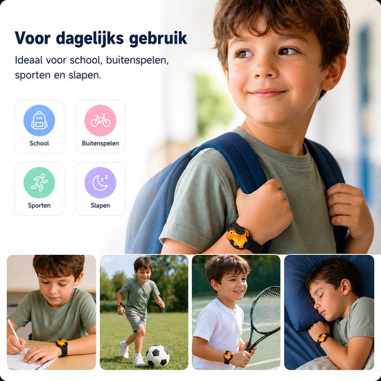 Jongen met zwarte armband met gele dinosaurus, zacht en flexibel. Ideaal voor school, buiten spelen, sporten en slapen.