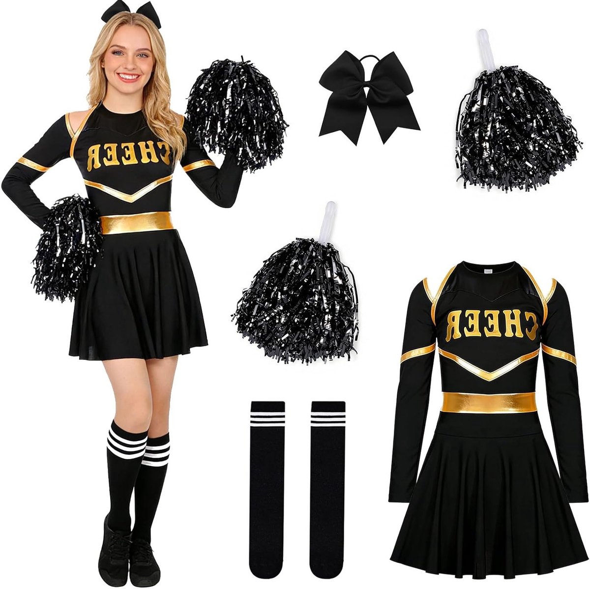 Vrouwelijk Cheerleader Kostuum met Pompoms, Gestreepte Sokken en Hoofdtooi voor Carnaval en Themafeesten