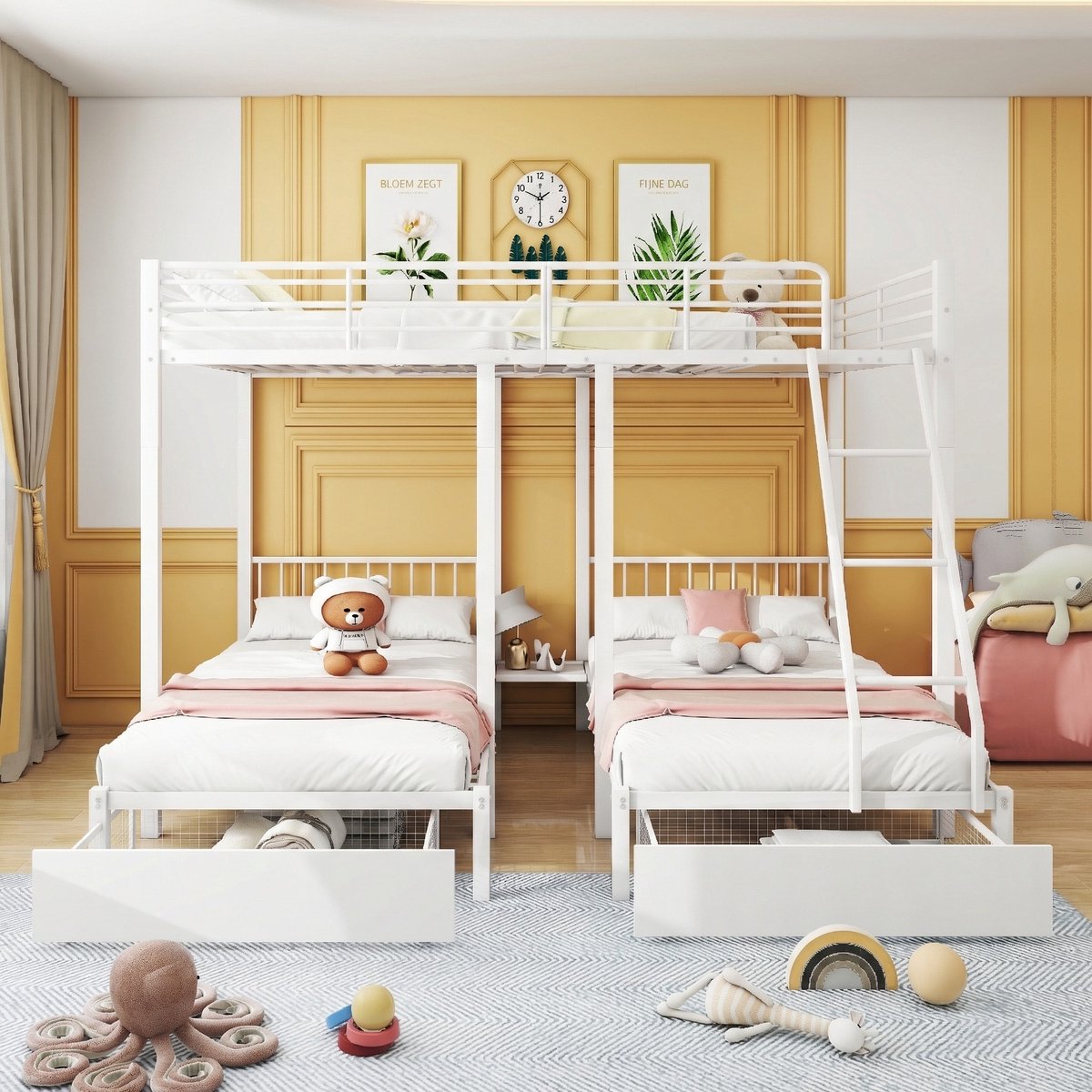 VVBV Stapelbed 140x200 / Stapelbed met opbergruimte / Kinderstapelbed – met Lades – Metaal – Wit – Kinderstapelbed met Lades – 3-Persoons White