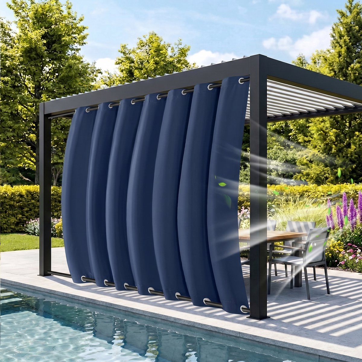MUPOO Buitengordijnen Waterdicht & Windbestendig met Ringen Boven en Onder - Dubbele Bevestiging tegen Wind - Verduisterend & UV Werend - Outdoor Gordijnen voor Veranda, Balkon - 132x274 cm - Marineblauw - 1 Stuk (Rideau Extérieur Imperméable) Blauw-1 stuck